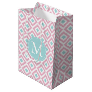 Monogrammed Pink and Mint Diamonds Ikat Pattern Medium Gift Bag