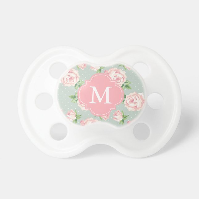 Monogrammed Pink and Mint Vintage Roses Pattern Dummy (Front)
