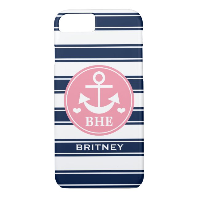 Monogrammed Pink and Navy Anchor Case-Mate iPhone Case (Back)