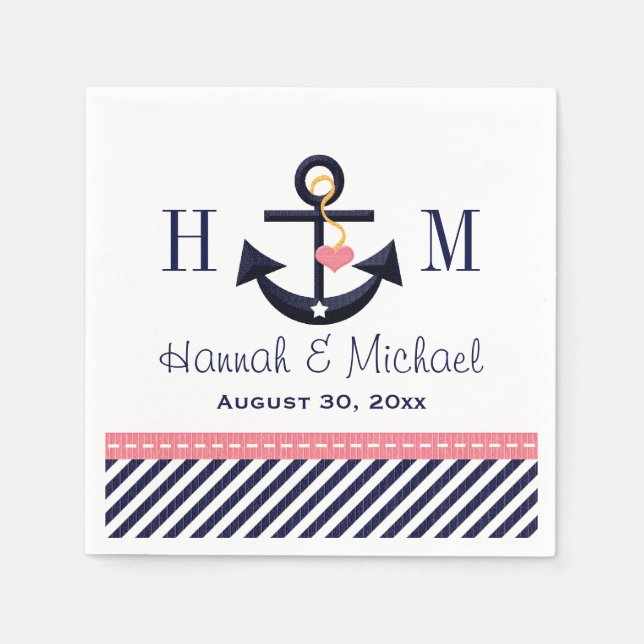Monogrammed Pink and Navy Anchor Nautical Wedding Napkin (Front)