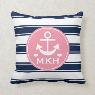 Monogrammed Pink and Navy Blue Anchor Cushion