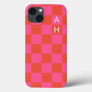 Monogrammed Pink and Orange Chequerboard Pattern  Case-Mate iPhone Case