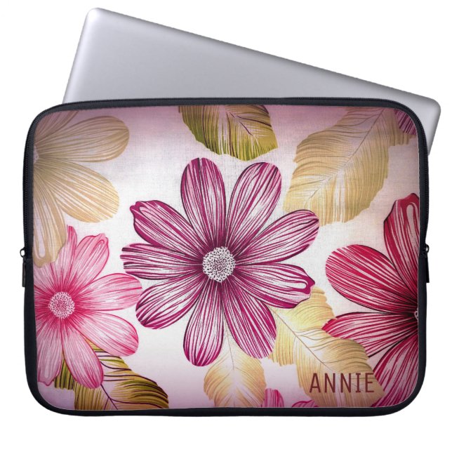 Monogrammed Pink And Red Flowers Laptop Sleeve (Front)