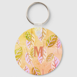 Monogrammed Pink and Sage Abstract Leafs Key Ring