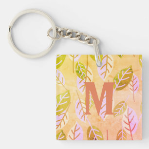Monogrammed Pink and Sage Abstract Leafs Keychain
