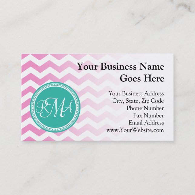 Monogrammed Pink and Teal Chevron Custom Business Card (Front)