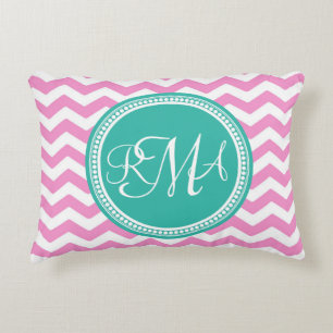 Monogrammed Pink and Teal Chevron Custom Decorative Cushion