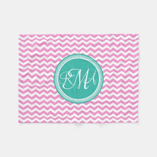 Monogrammed Pink and Teal Chevron Custom Fleece Blanket (Front (Horizontal))