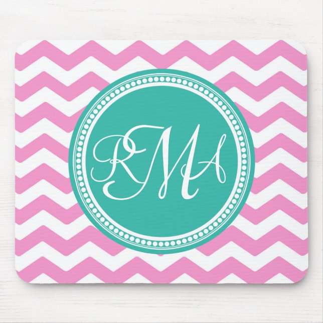 Monogrammed Pink and Teal Chevron Custom Mouse Mat (Front)