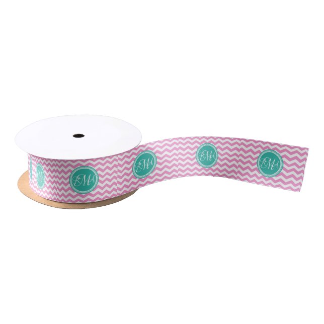 Monogrammed Pink and Teal Chevron Custom Satin Ribbon (Spool)