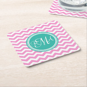 Monogrammed Pink and Teal Chevron Custom Square Paper Coaster