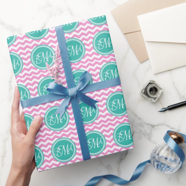 Monogrammed Pink and Teal Chevron Custom Wrapping Paper (Gifting)