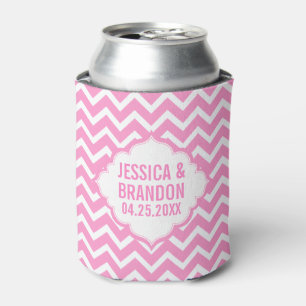Monogrammed Pink And White Zigzag Chevron 2 Can Cooler