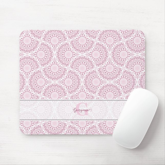 Monogrammed Pink Art Deco Confetti Lace Mandala Mouse Mat (With Mouse)