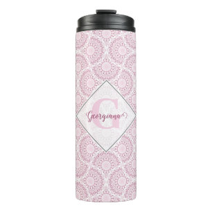 Monogrammed Pink Art Deco Confetti Lace Mandala Thermal Tumbler