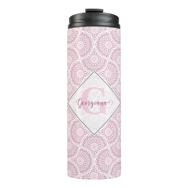 Monogrammed Pink Art Deco Confetti Lace Mandala Thermal Tumbler (Front)