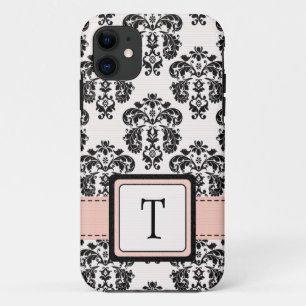 Monogrammed Pink Black Damask iPhone 11 Case