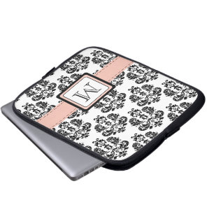 Monogrammed Pink Black Damask Laptop Sleeve Bag