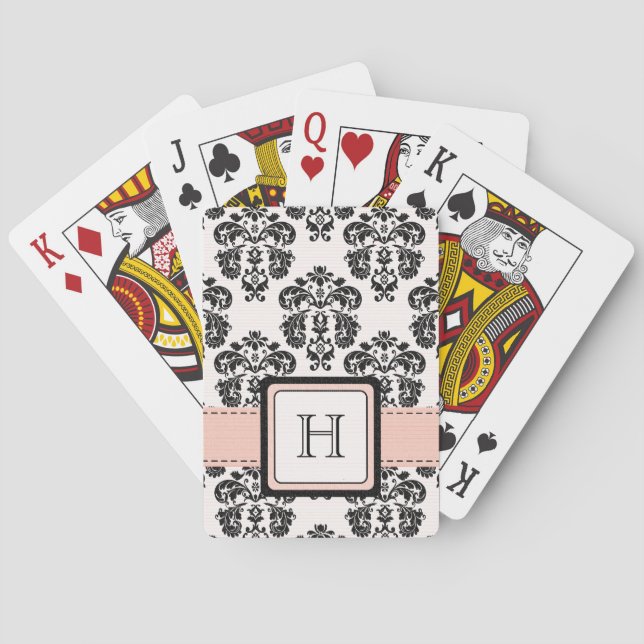 Monogrammed Pink Black Damask Playing Car Cards (Back)