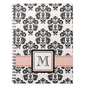 Monogrammed Pink Black Damask Spiral Notebook Jour