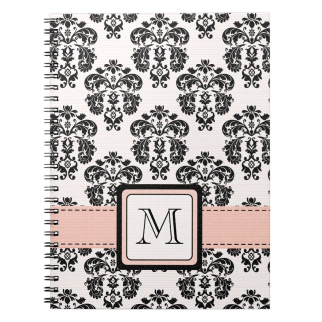 Monogrammed Pink Black Damask Spiral Notebook Jour (Front)