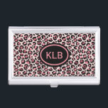 Monogrammed Pink Black Leopard Animal Print Business Card Holder<br><div class="desc">A chic, modern pink and black animal print design with a black oval and a pink stripe inside and pink initials in the centre of the oval. This would make a great birthday or Christmas present for a daughter, sister, mother, grandmother, aunt or a friend, It could also be a...</div>