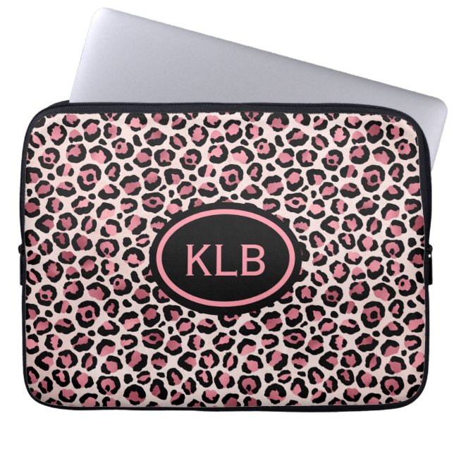 Monogrammed Pink Black Leopard Animal Print Laptop Sleeve (Front)