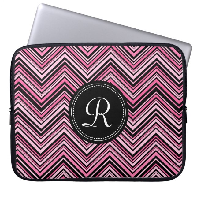 Monogrammed Pink Black Tribal Chevron Pattern Laptop Sleeve (Front)