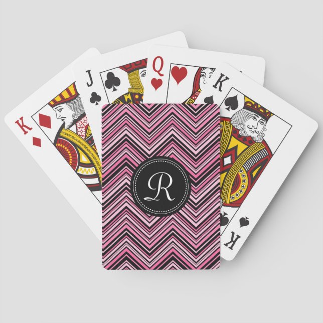 Monogrammed Pink Black Tribal Chevron Pattern Playing Cards (Back)