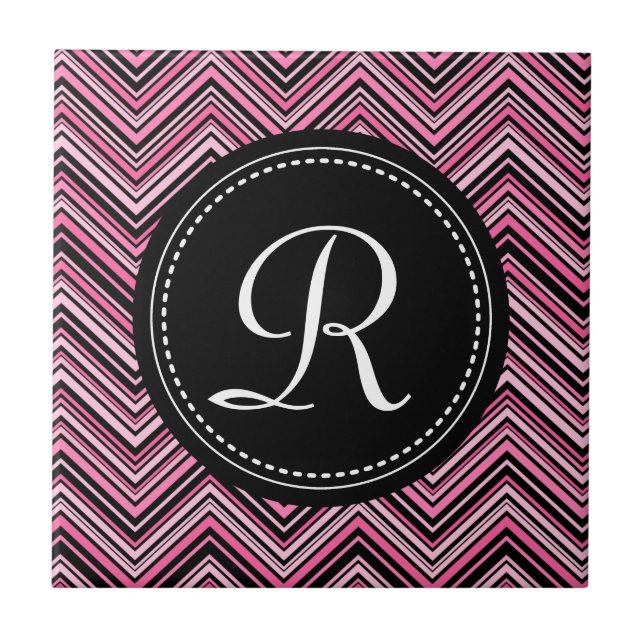 Monogrammed Pink Black Tribal Chevron Pattern Tile (Front)