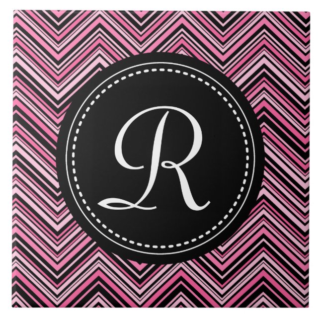 Monogrammed Pink Black Tribal Chevron Pattern Tile (Front)