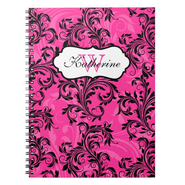 Monogrammed Pink Black White Scrolls Notebook (Front)