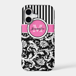 Monogrammed Pink, Black, White Striped Damask