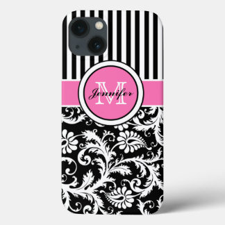 Monogrammed Pink, Black, White Striped Damask Case