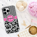 Monogrammed Pink, Black, White Striped Damask Case<br><div class="desc">Monogrammed modern pink,  black,  and white stripes with damask iPhone 14 Pro Max Case.</div>