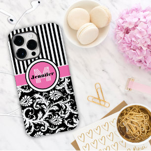 Monogrammed Pink, Black, White Striped Damask Case