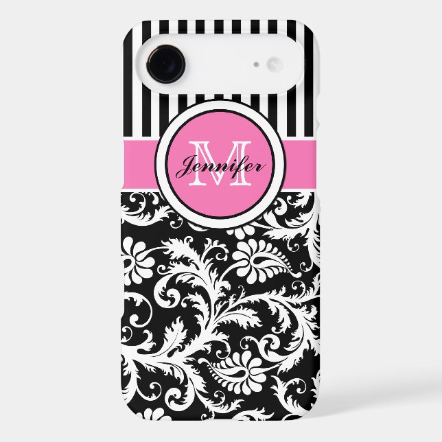 Monogrammed Pink, Black, White Striped Damask Case-Mate iPhone Case (Back)