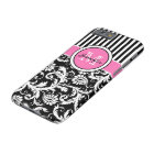 Monogrammed Pink, Black, White Striped Damask