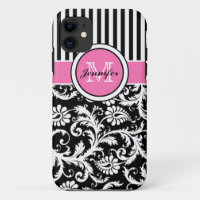 Monogrammed Pink, Black, White Striped Damask