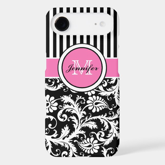 Monogrammed Pink, Black, White Striped Damask Case-Mate iPhone Case (Back)