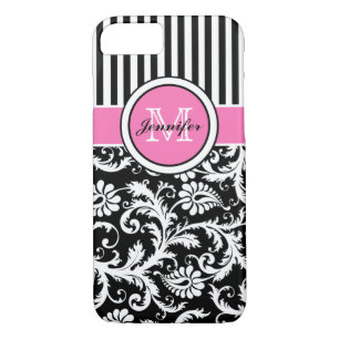 Monogrammed Pink, Black, White Striped Damask iPhone 8/7 Case