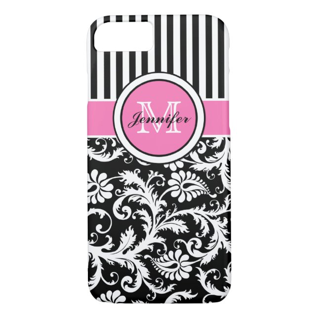 Monogrammed Pink, Black, White Striped Damask Case-Mate iPhone Case (Back)
