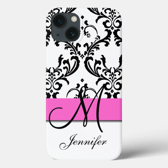Monogrammed Pink Black White Swirls Damask Case-Mate iPhone Case (Back)