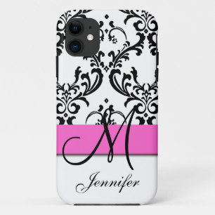 Monogrammed Pink Black White Swirls Damask iPhone 11 Case