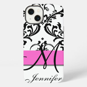 Monogrammed Pink Black White Swirls Damask iPhone 13 Case