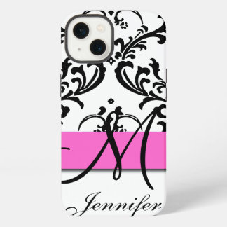 Monogrammed Pink Black White Swirls Damask iPhone 13 Case