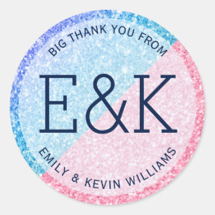 Monogrammed Pink & Blue Glitter Geometric Design Classic Round Sticker