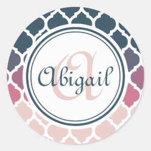 Monogrammed Pink Blue Moroccan Lattice Pattern Classic Round Sticker