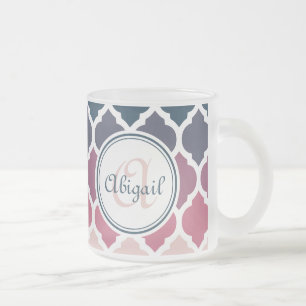 Monogrammed Pink Blue Moroccan Lattice Pattern Frosted Glass Coffee Mug