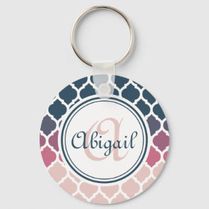 Monogrammed Pink Blue Moroccan Lattice Pattern Key Ring